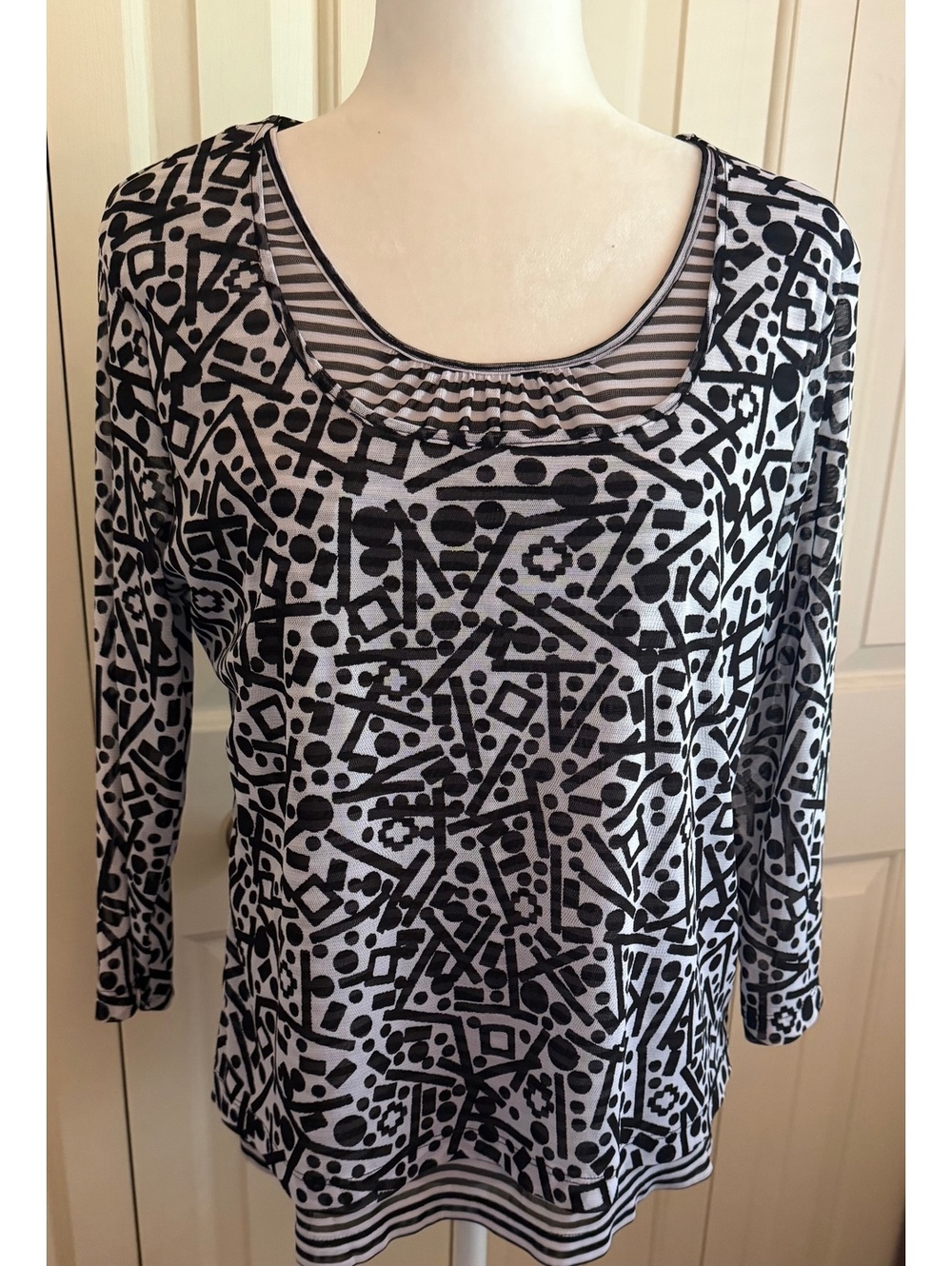 Ruby Rd XL Black White Geometric Top Striped Trim 3/4 Sleeve